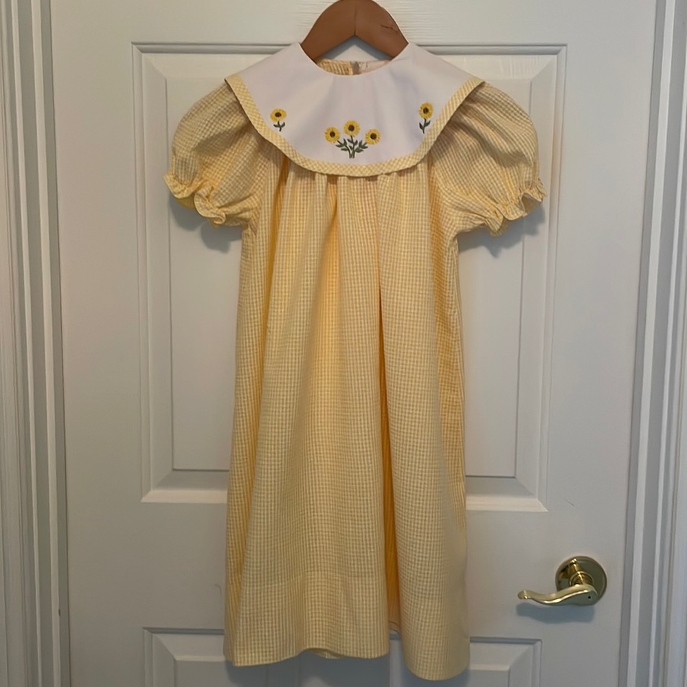 Adorable Rosalina yellow small checked cotton dress with embroidery on collar.